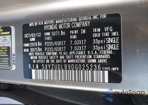 2013 Hyundai Santa Fe Sport z USA, uszkodzony, nr VIN 5XYZUDLB9DG025236